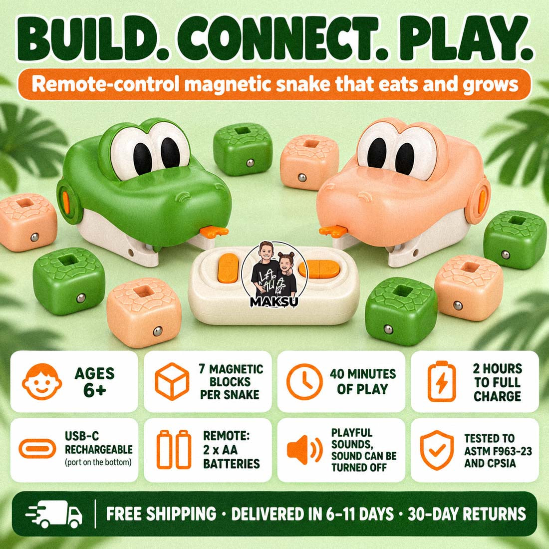 MAKSU remote control magnetic snake toy with green and cream snake heads, magnetic blocks and remote, for kids ages 6 and up