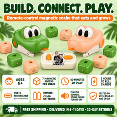 MAKSU remote control magnetic snake toy with green and cream snake heads, magnetic blocks and remote, for kids ages 6 and up — 5