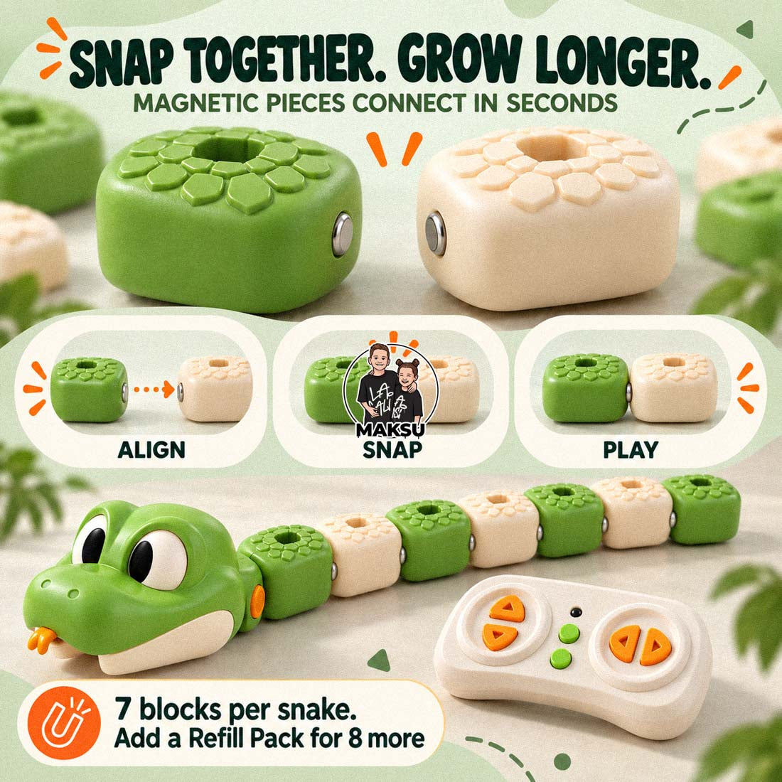 Green and cream magnetic blocks snapping together to make the snake longer, 7 blocks per snake