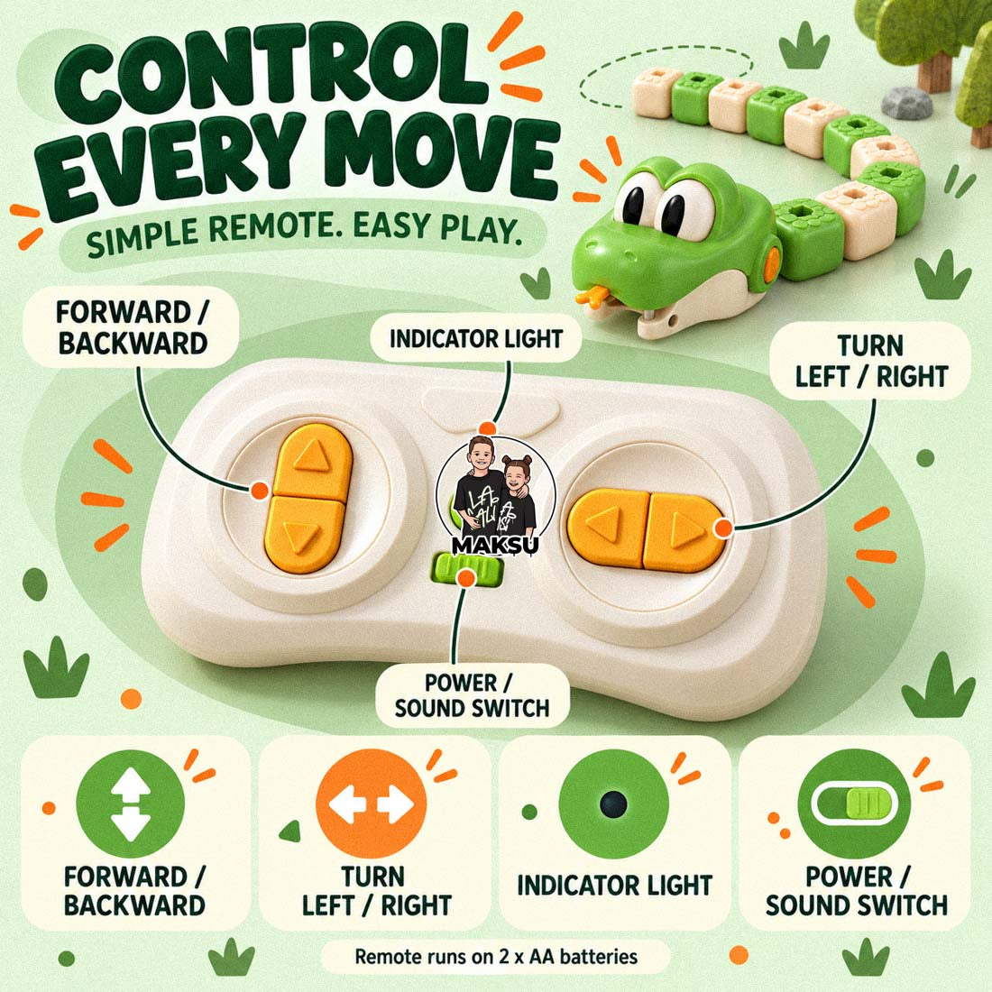 Snake remote control buttons: forward and backward, turn left and right, indicator light, power and sound switch