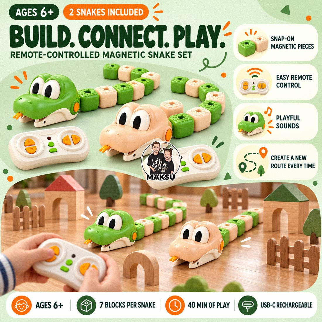 Two remote control magnetic snakes racing on a wooden play track, with snap-on pieces, easy remote and playful sounds