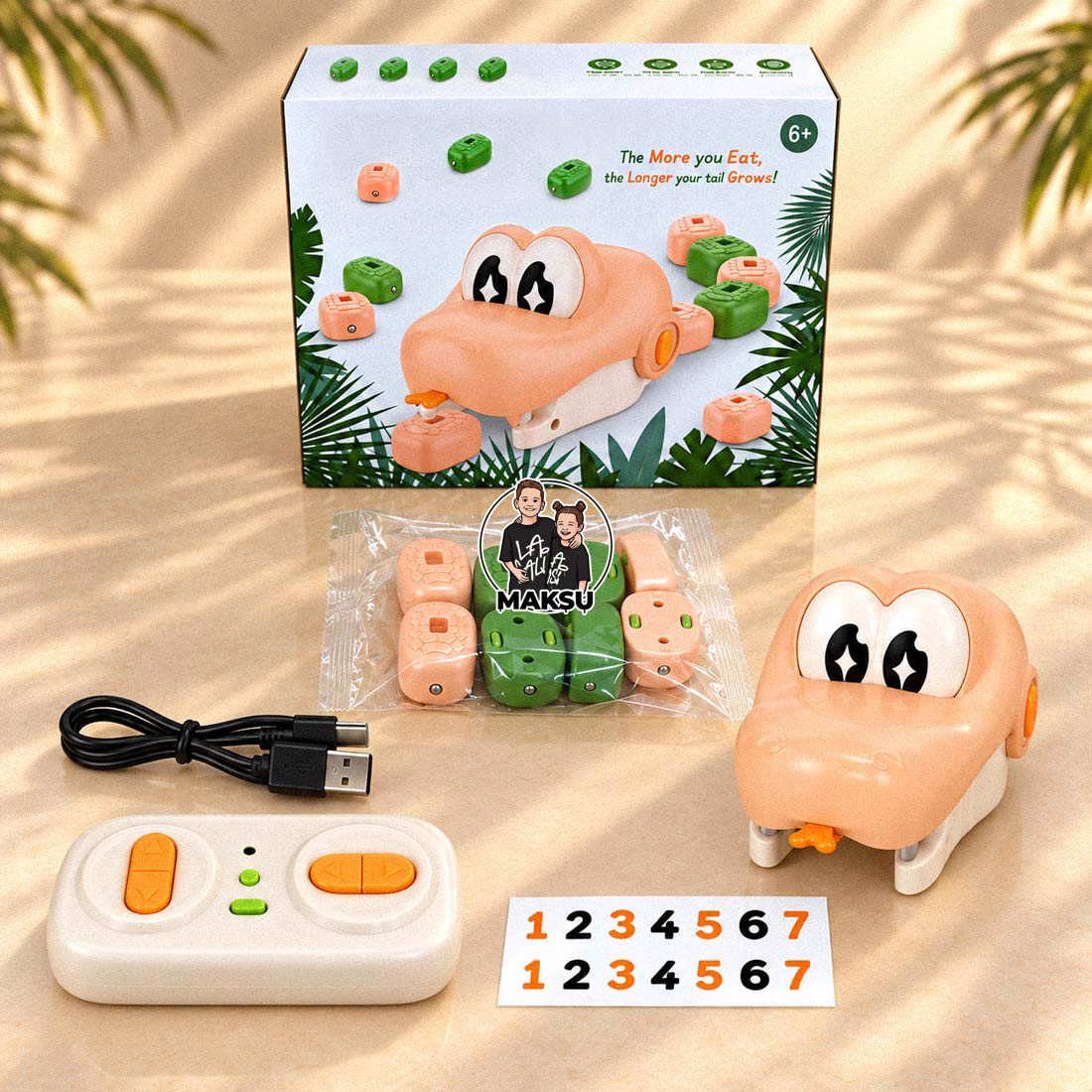 Single Snake in cream with box, remote control, 7 magnetic blocks, USB-C cable and number stickers