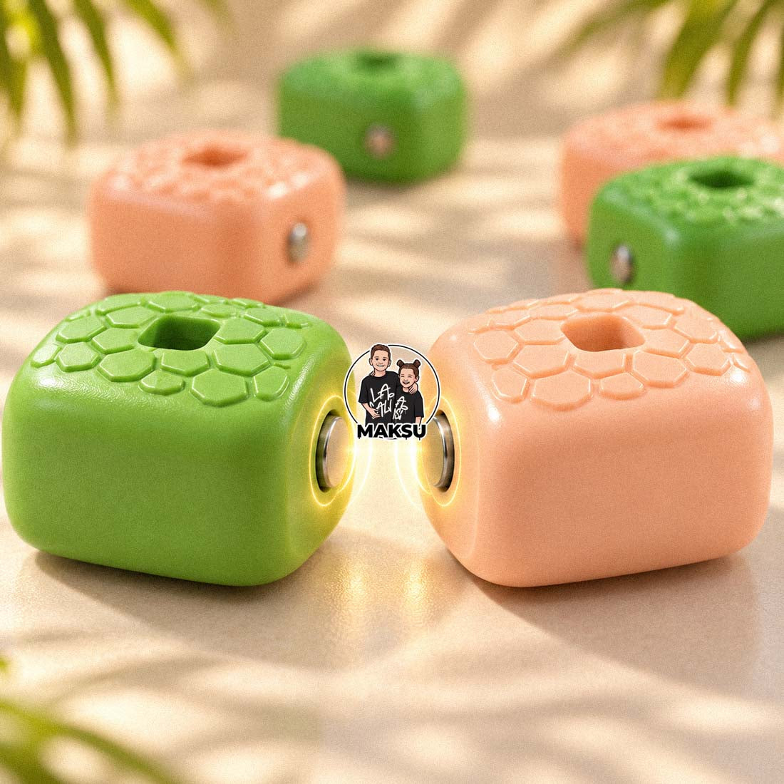Close-up of green and cream magnetic snake blocks snapping together by their magnets