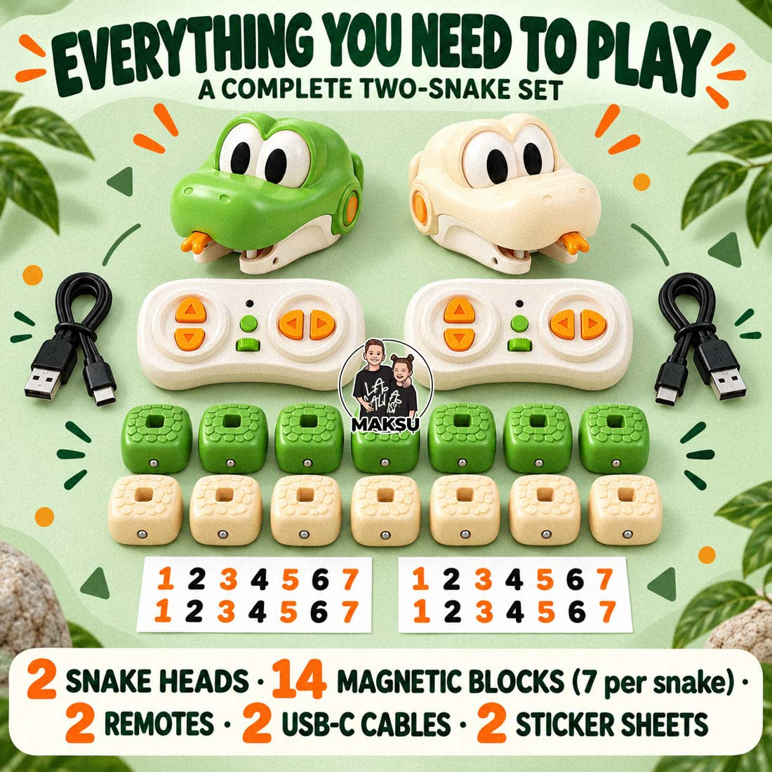Battle Set contents: 2 snake heads, 14 magnetic blocks, 2 remotes, 2 USB-C cables and 2 sticker sheets