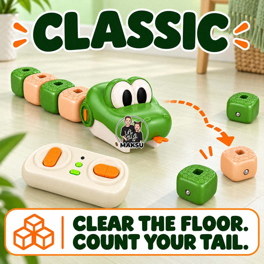 Classic game mode: green remote control snake collecting magnetic blocks on the floor to grow its tail