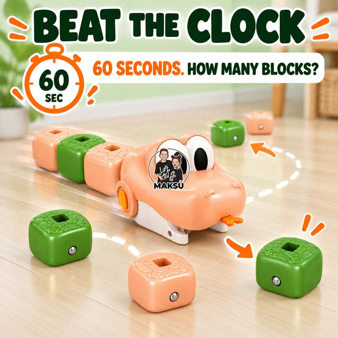 Beat the clock game mode: cream remote control snake collecting as many magnetic blocks as possible in 60 seconds