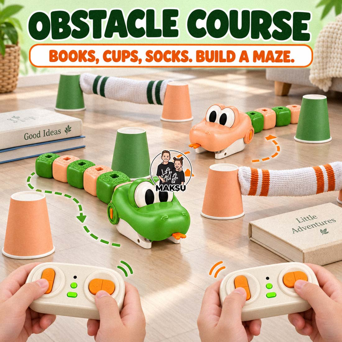 Obstacle course game mode: remote control snakes driving through a maze of books, paper cups and socks