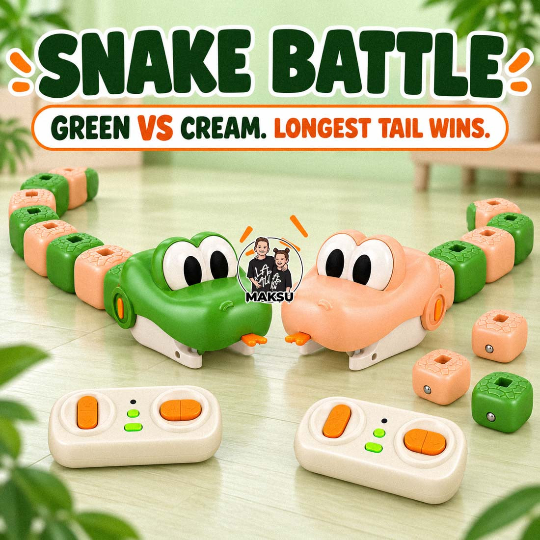 Snake battle game mode: green and cream remote control snakes face to face, the longest tail wins