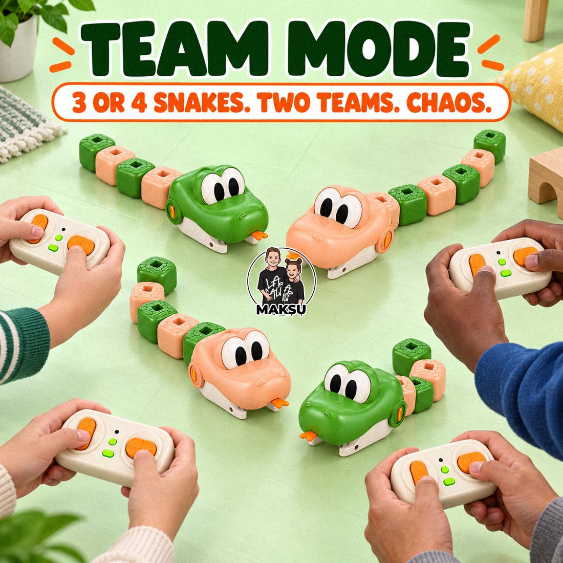 Team mode: four remote control magnetic snakes and four players with remotes playing in two teams