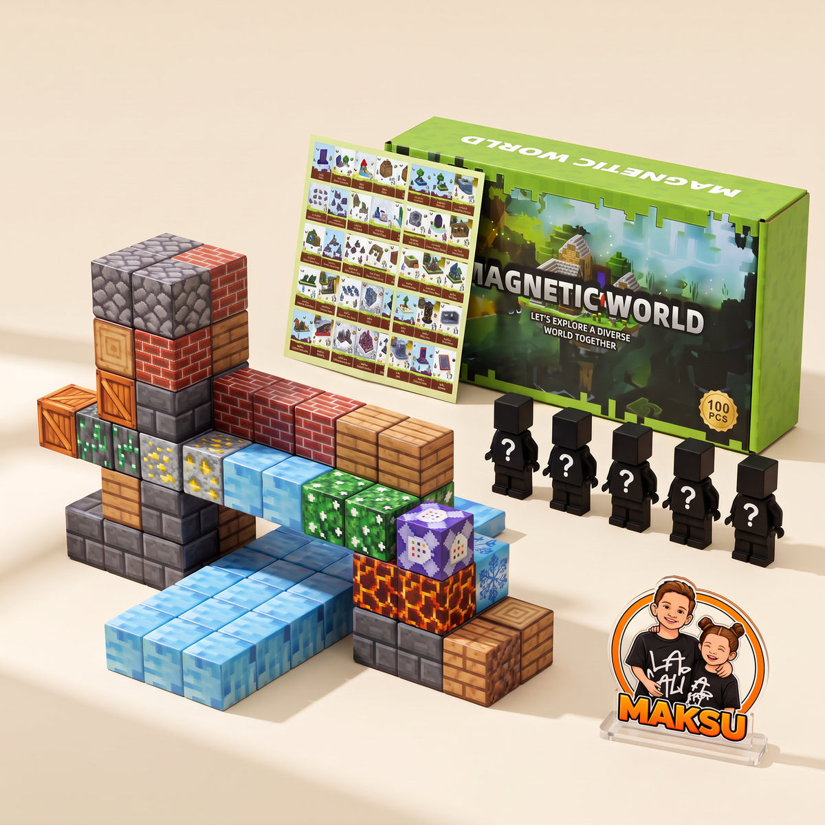 Caja de regalo con 100 cubos magnéticos pixelados: puente y torre de vigilancia, 5 minifiguras sorpresa y hoja de ideas