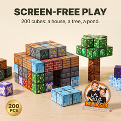 200 cubos magnéticos pixelados convertidos en una casa, un árbol y un estanque — 8