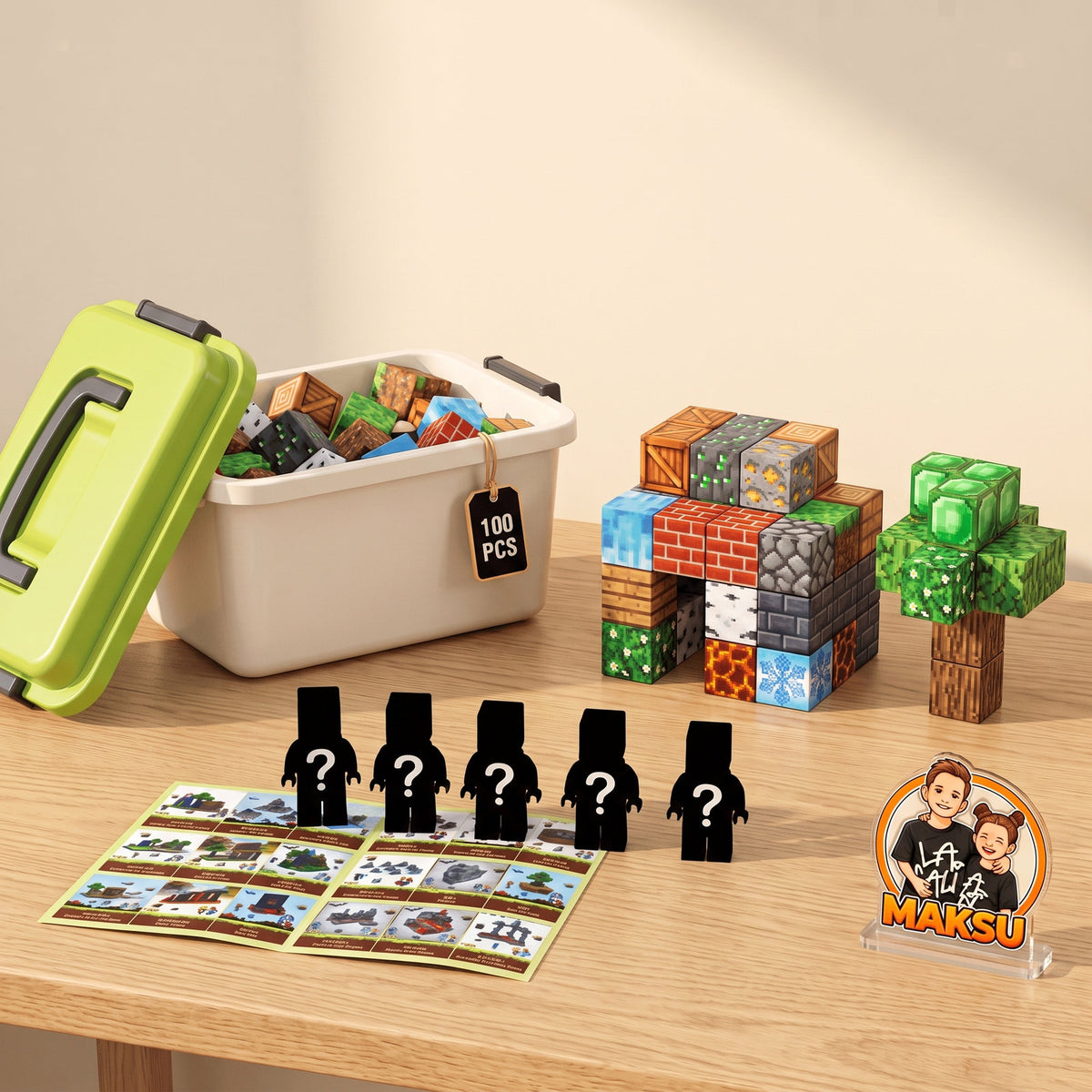 Cubo de almacenaje con 100 cubos magnéticos pixelados: casita y árbol, 5 minifiguras sorpresa y hoja de ideas