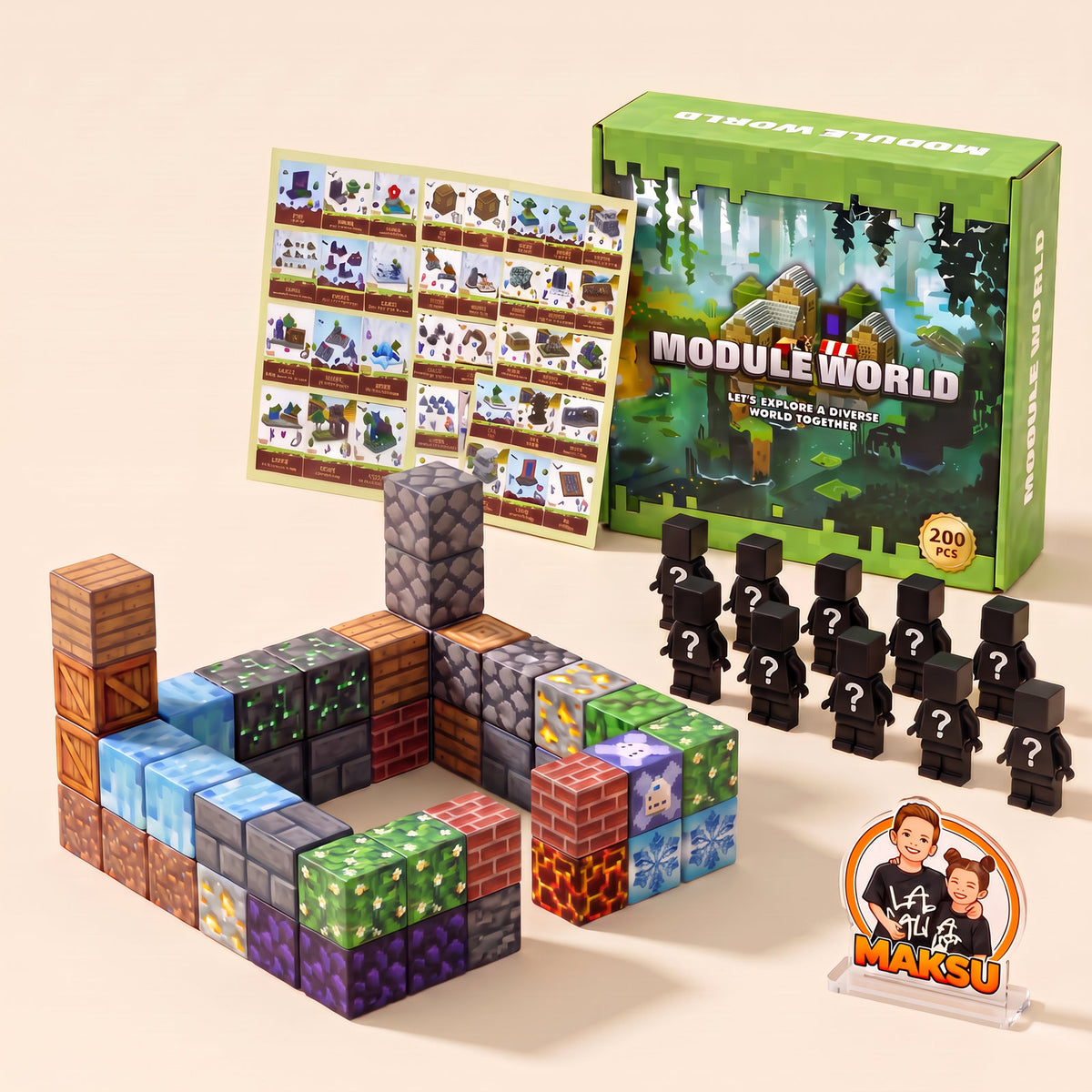 Caja de regalo con 200 cubos magnéticos pixelados: fuerte, 10 minifiguras sorpresa y hoja de ideas