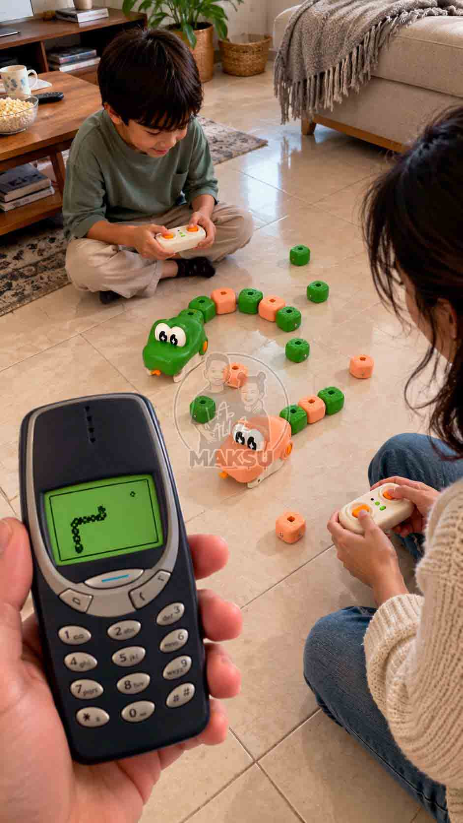 Hand holding an old Nokia phone with the Snake game while a boy and his mom play with remote control magnetic snakes on the floor