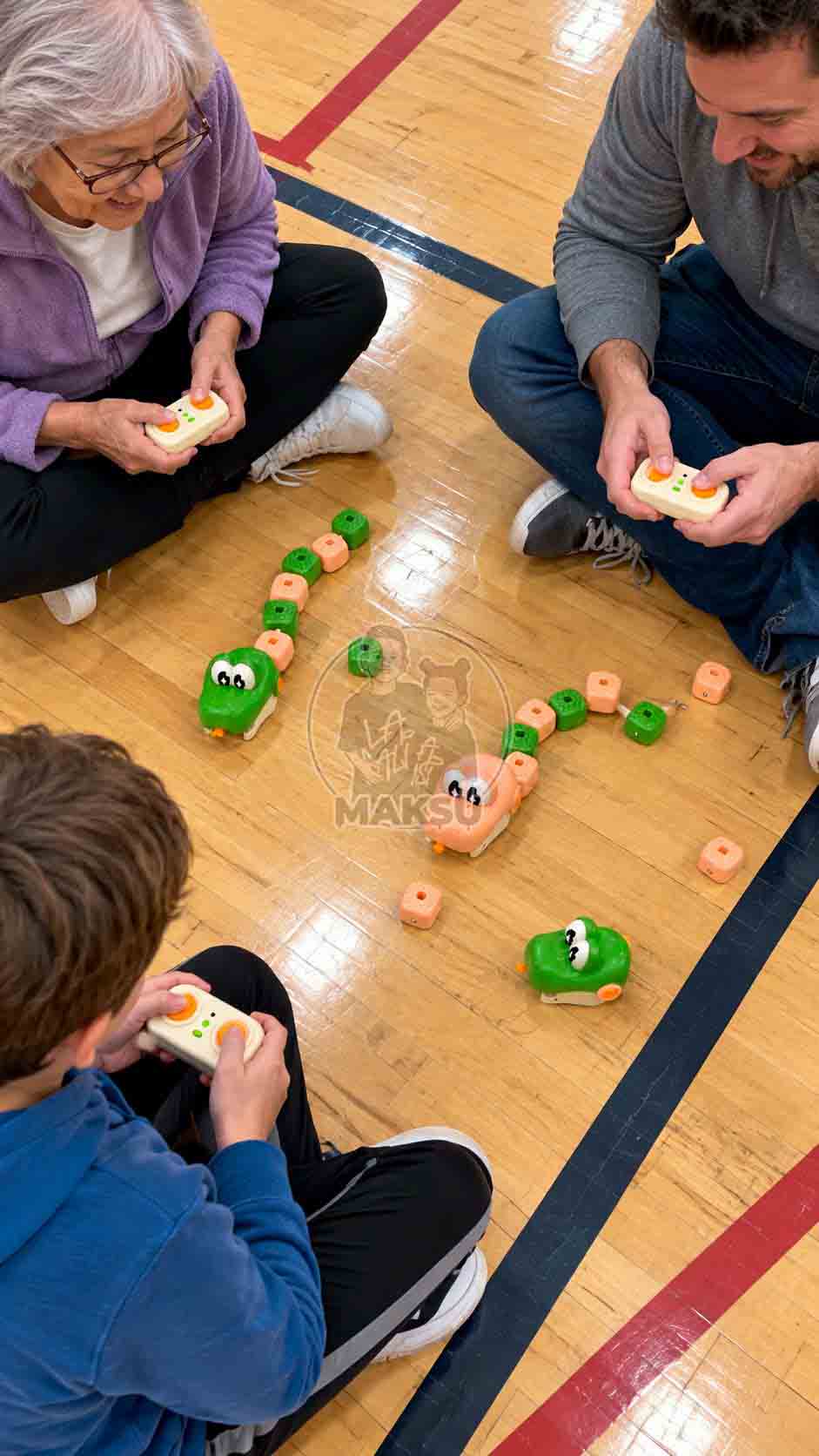 Grandmother, dad and boy sitting on a gym floor playing with remote control magnetic snakes