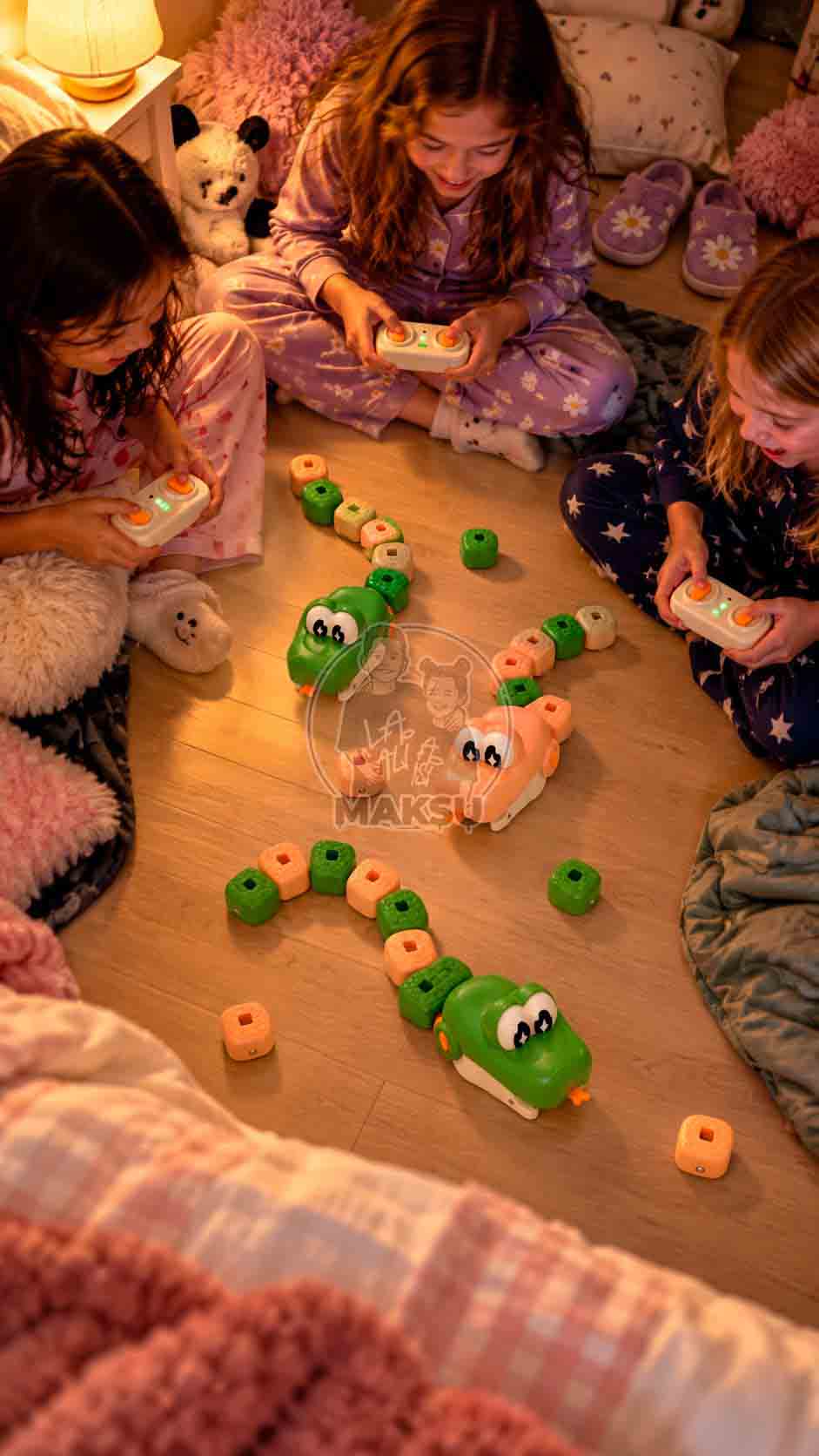 Kids in pajamas playing with remote control magnetic snakes on a bedroom rug at a sleepover