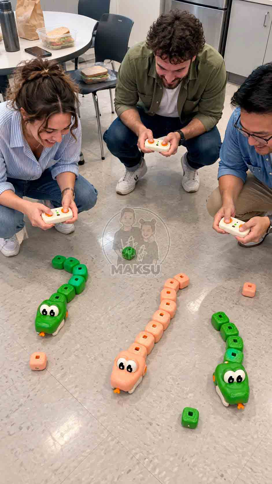 Three coworkers crouching on an office floor racing remote control magnetic snakes at lunch break