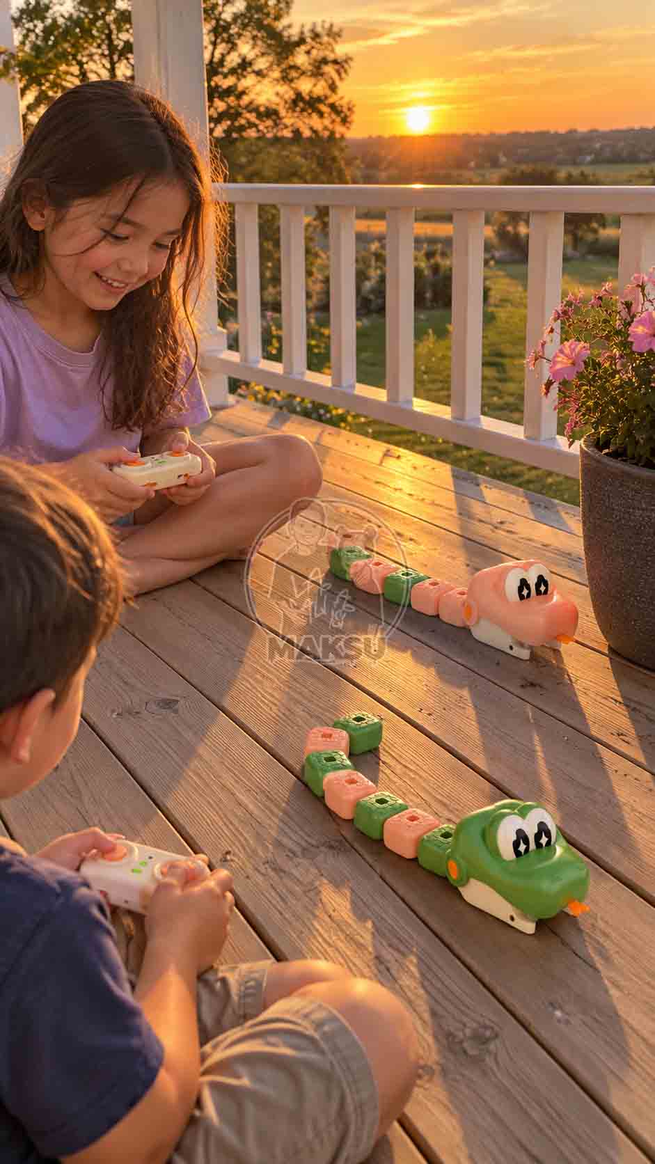 Girl and boy playing with green and cream remote control snakes on a porch at sunset