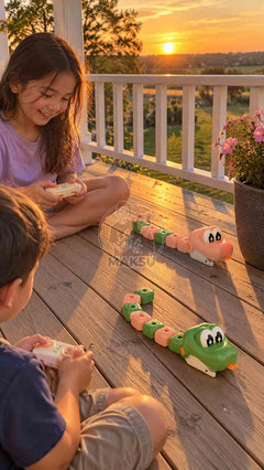 Girl and boy playing with green and cream remote control snakes on a porch at sunset — 16