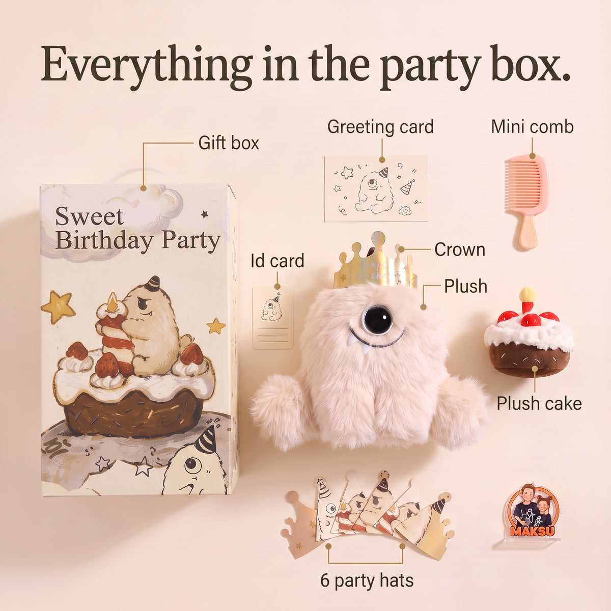 كل ما في علبة Party Yeti: الدمية والتاج وكعكة من القماش وبطاقة تهنئة وبطاقة تعريف وست قبعات حفلة ومشط صغير